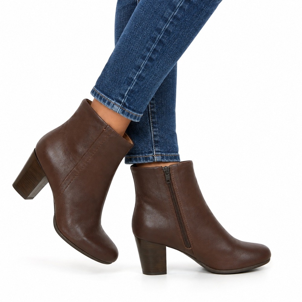 Vionic Kennedy Ankle Boots Women 10 Brown Leather Block Heel Side Zip 322KENNEDY